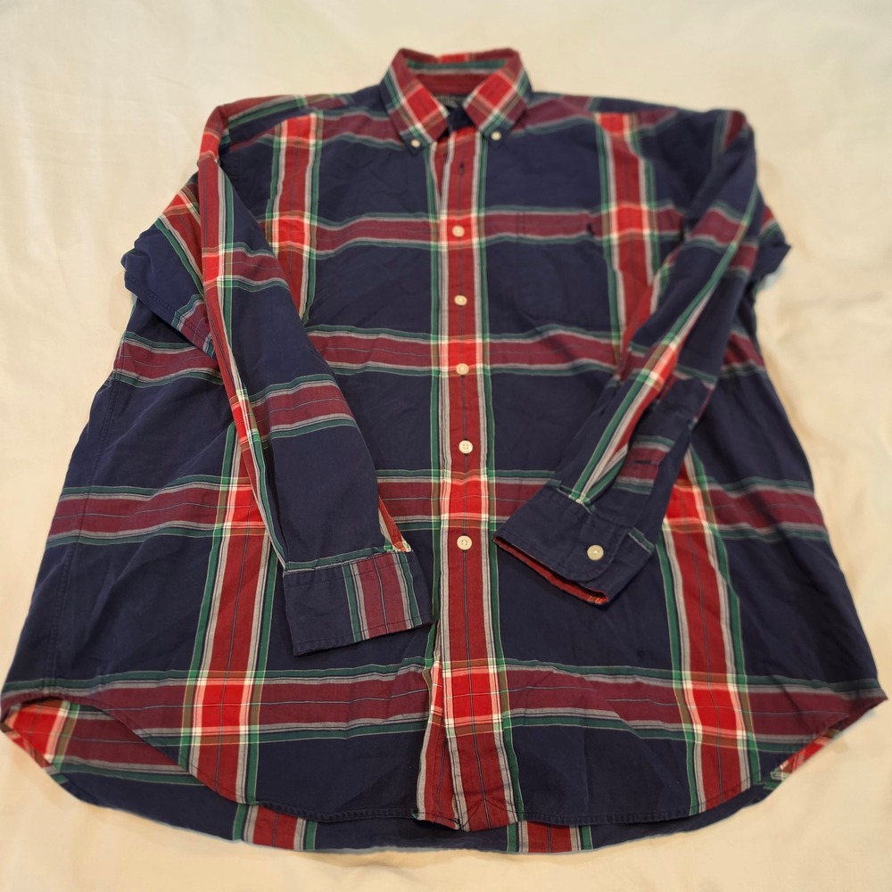 Ralph Lauren Golf Tilden Shirt Mens M Navy Red Plaid Good Long Sleeve Cotton